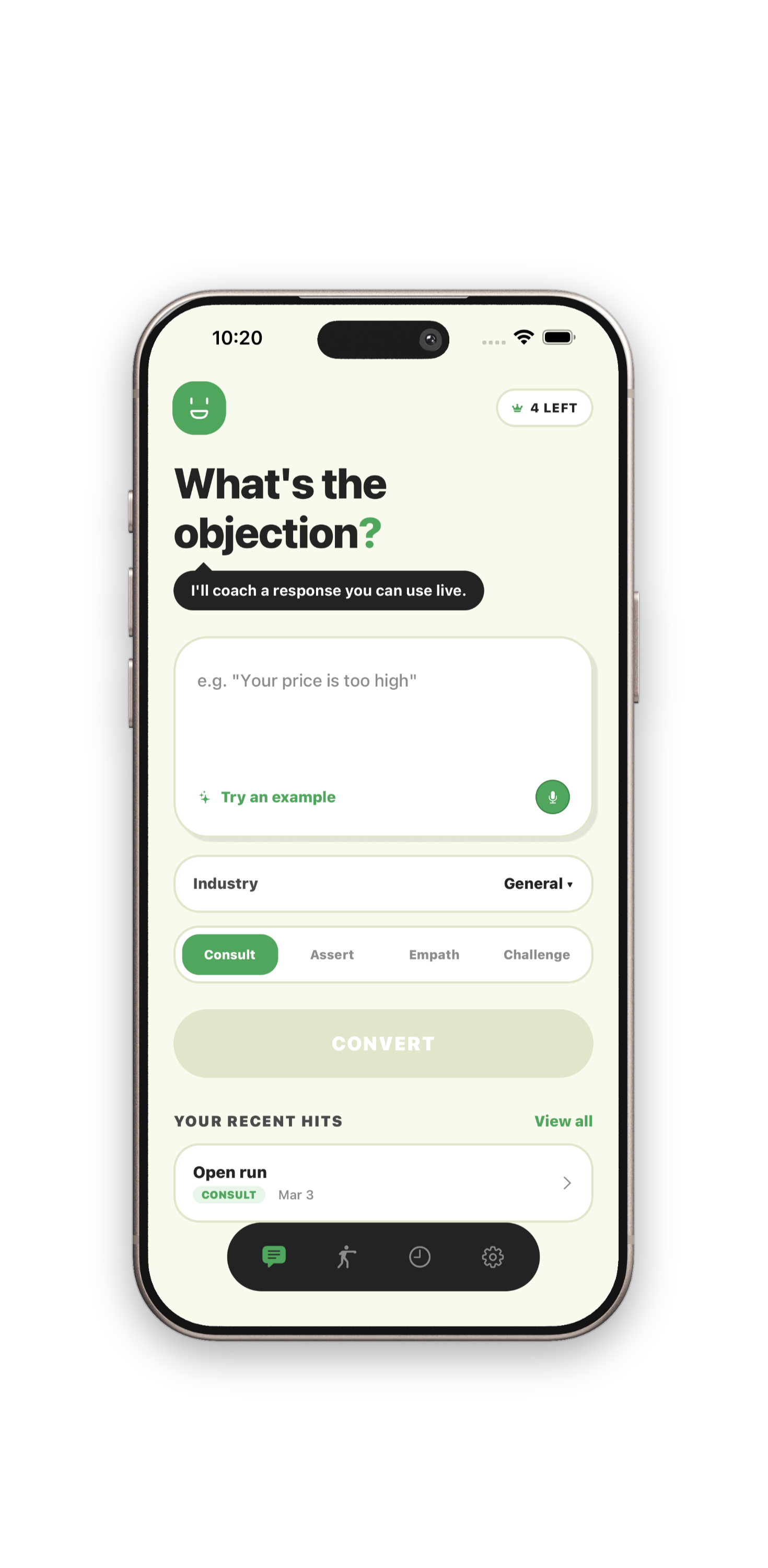 Practice mode with simulated buyer pushback