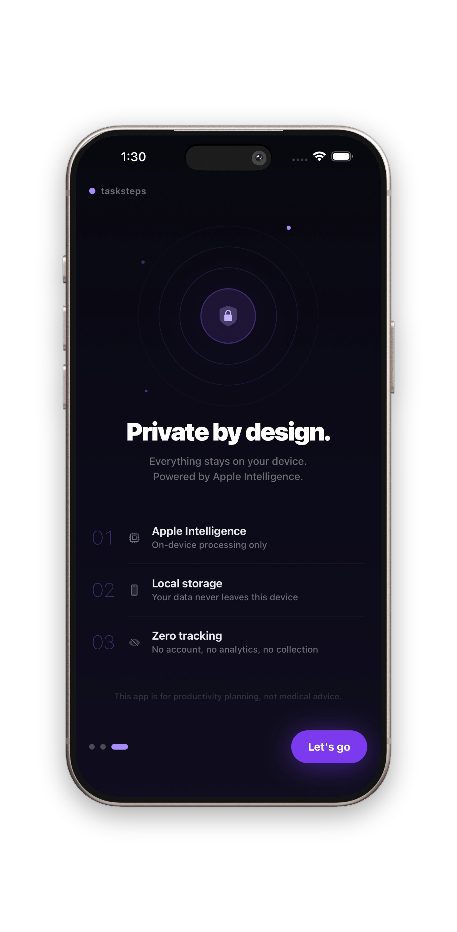 TaskSteps privacy screen with on-device processing details